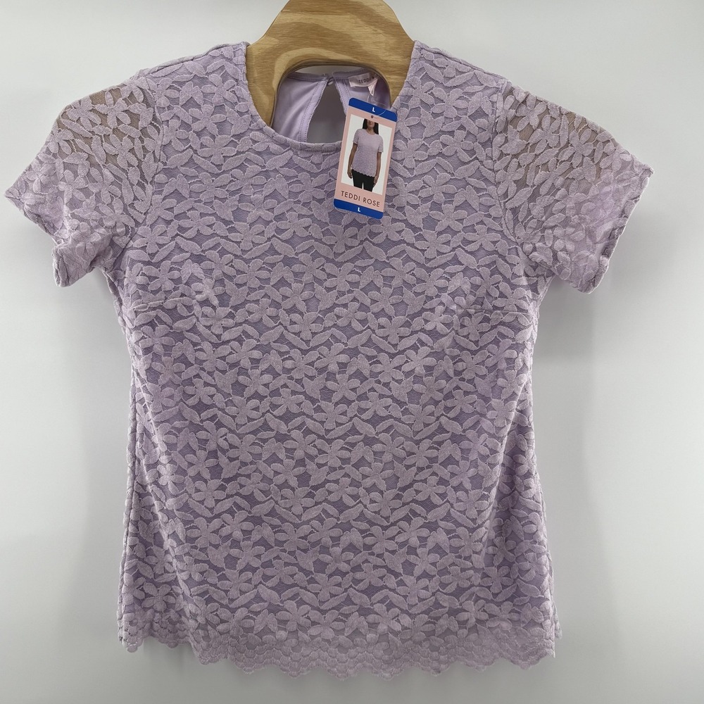 Teddi Rose Shirt Womens Large Purple Floral Lace Short Sleeve Scallop Hem Blouse